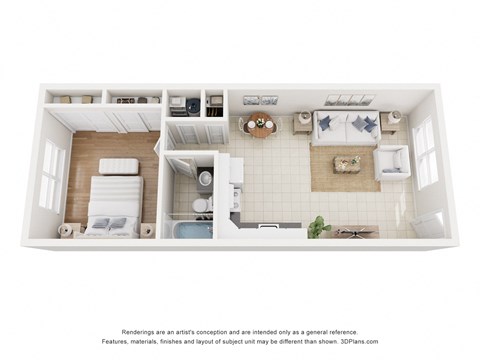 A 3D floor plan of a small apartment with a kitchen, living room, and bathroom.